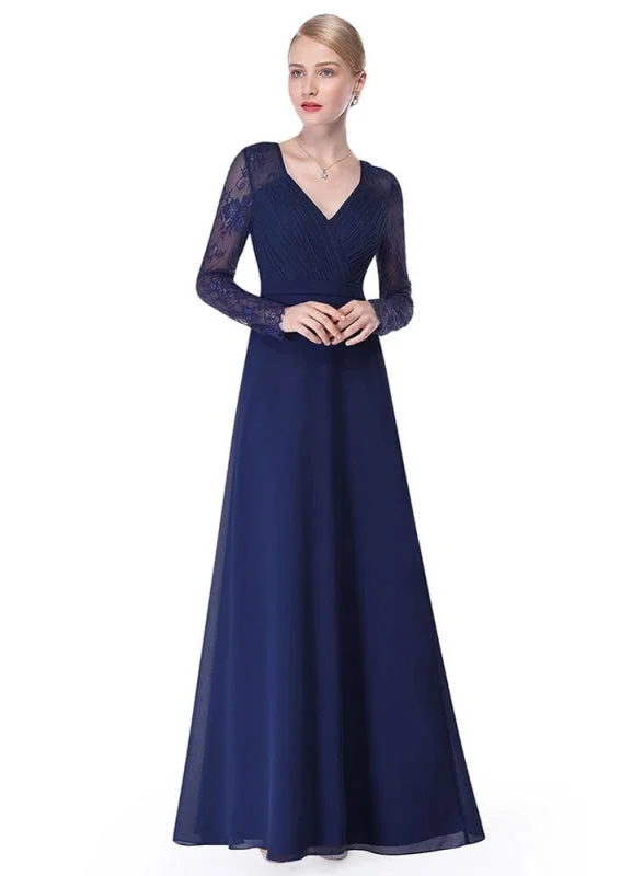 V Neck Evening Dress Illusion Lace Sleeve Mother Of The Bride Dress Ruched A Line Floor Length Wedding Party Dress In Dark Navy Wedding Guest Dress Sequined Elegant Party