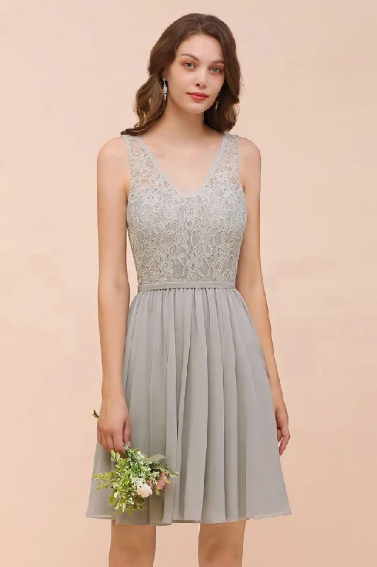 V-Neck Floral Lace Mini Homecoking Dress Grey Simple Chiffon Bridesmaid Dress Party Dress Tunics Plaid country