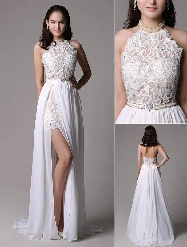 White Prom Dresses 2021 Long Ivory Halter Backless Evening Dress Lace Applique Beading Chiffon Split Party Dress Crew Neckline Casual