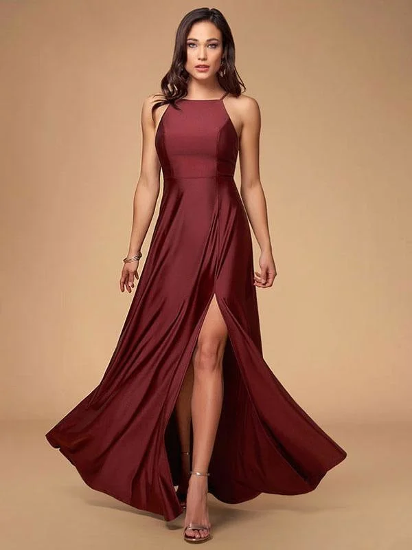 Women Evening Dress Burgundy A Line Criss Cross Lycra Spandex Formal Dinner Dresses Pleated Skirt Elegant