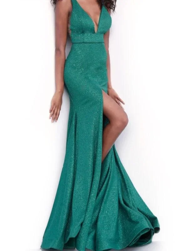 Women Evening Gown Forest Green V Neck Backless Polyester Split Maxi Party Dress Tunics Handmade artisanal